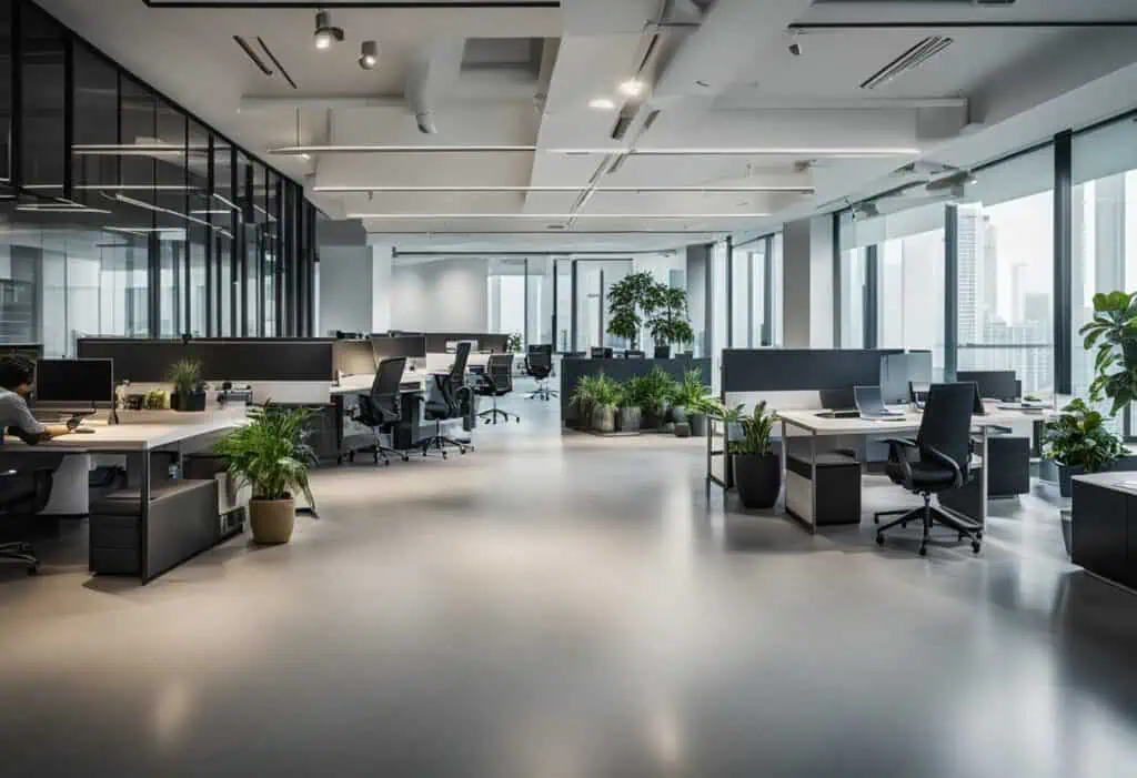 Spacious office with contemporary furniture, large windows, and lush green plants creating a product.
