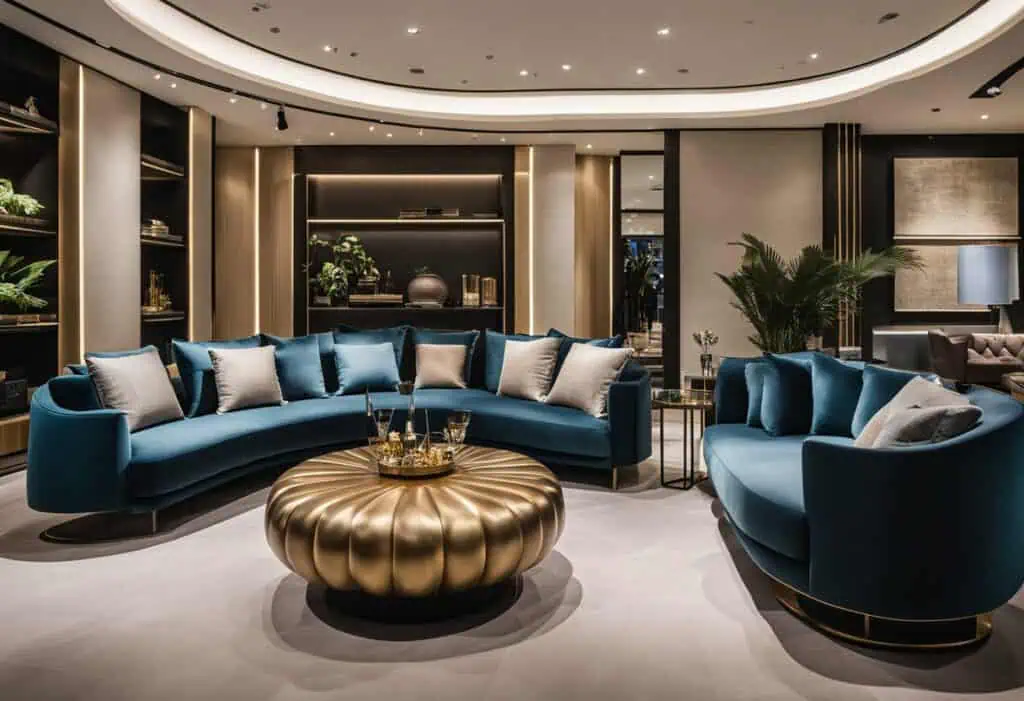 Elegant modern living room with plush blue sofas and stylish decor.