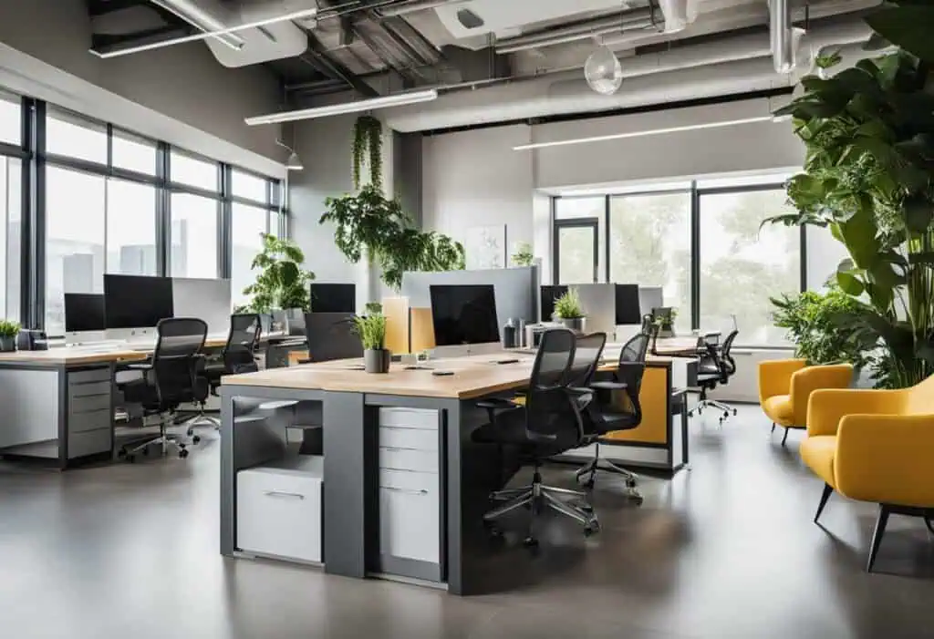 Contemporary office space featuring ergonomic desks, lush greenery, and large windows for a bright,.