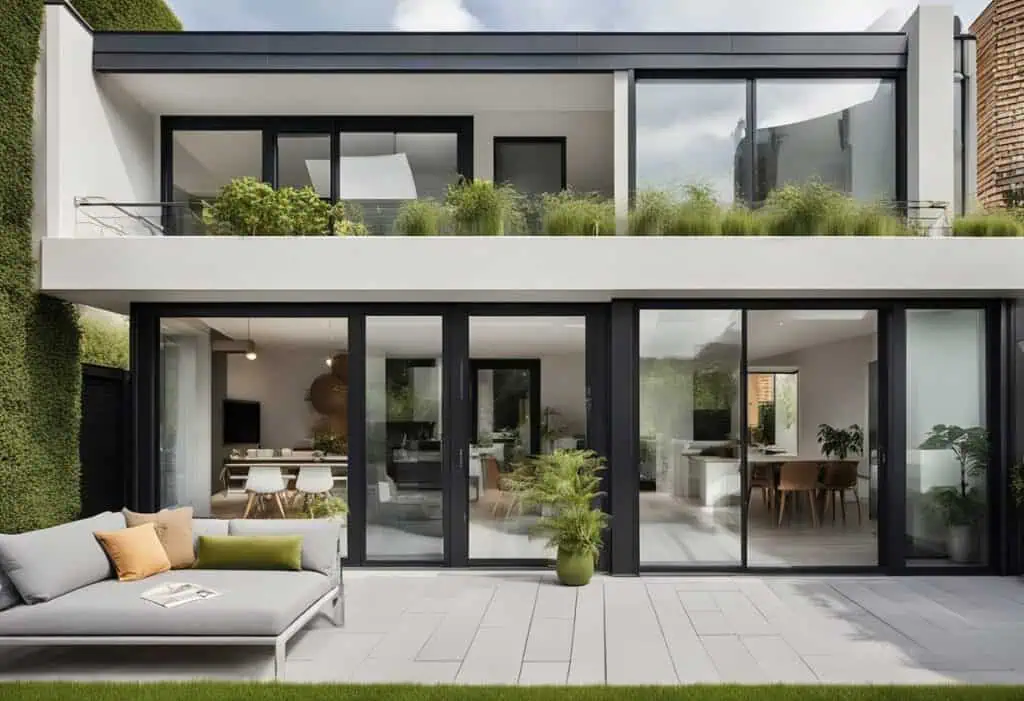 Contemporary townhouse featuring large glass windows, outdoor seating, and lush greenery.