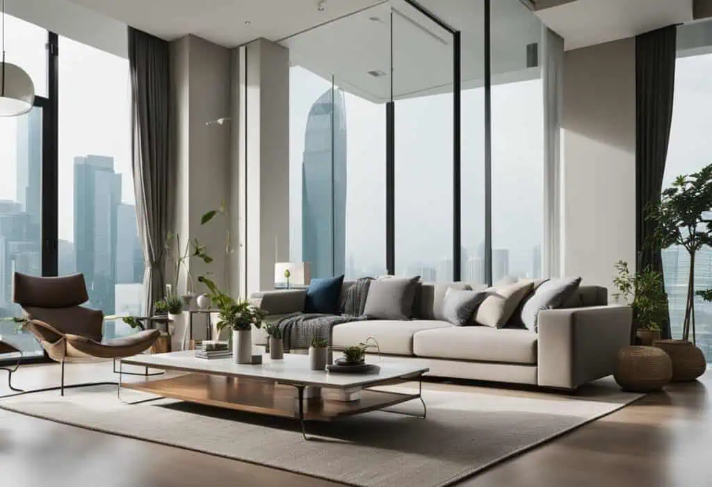 Elegant contemporary sofa set with stylish coffee table in a bright, spacious living room. Perfect f.