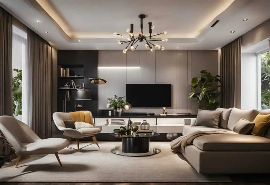 Bright living room featuring stylish track lighting, contemporary furniture, and natural light for a.