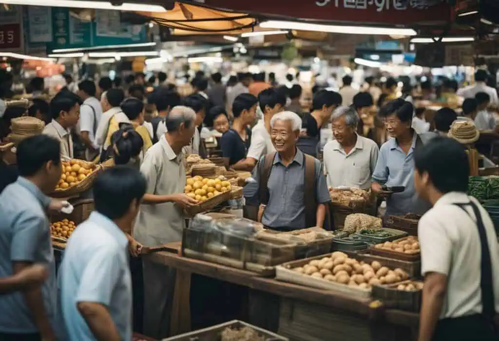 Bustling outdoor market with diverse shoppers and fresh produce stalls.