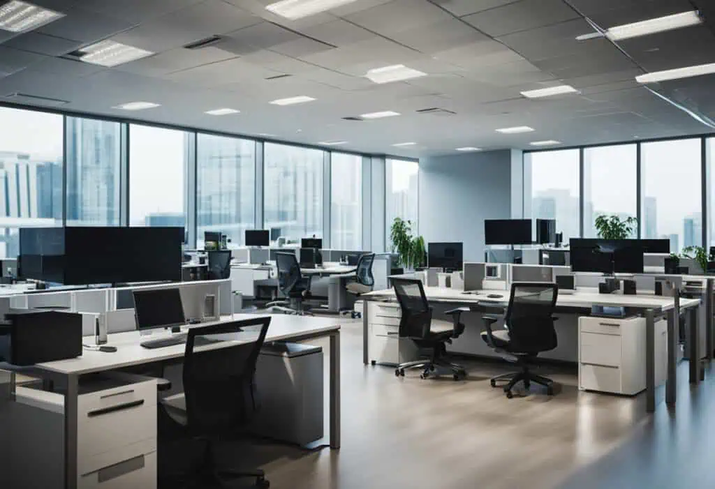 Spacious trading floor office with modern desks and large windows.
