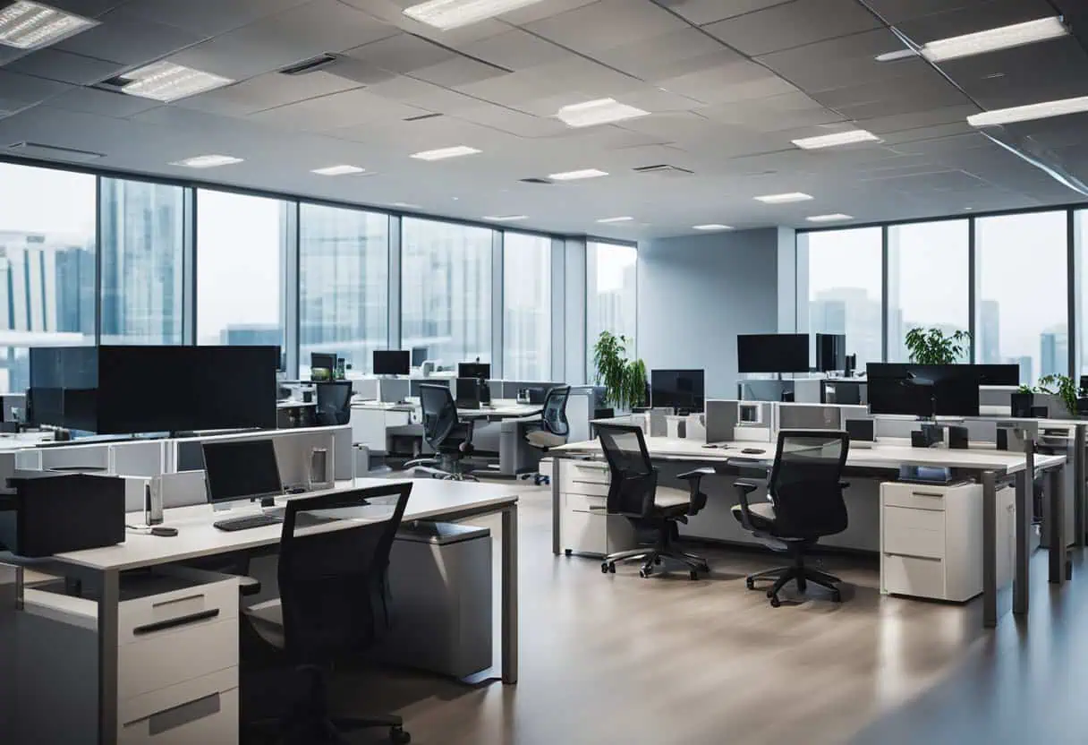 Spacious trading floor office with modern desks and large windows.