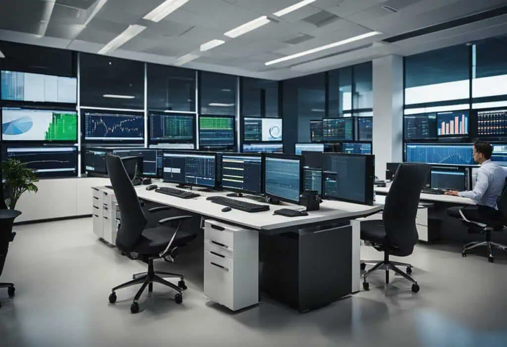 Trading office with multiple monitors and modern design for productive work environment.