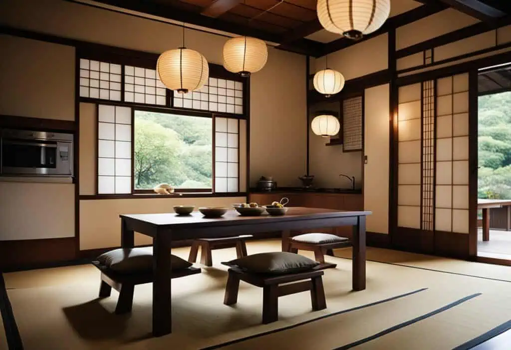 Japanese kitchen with minimalist style and natural wood elements.