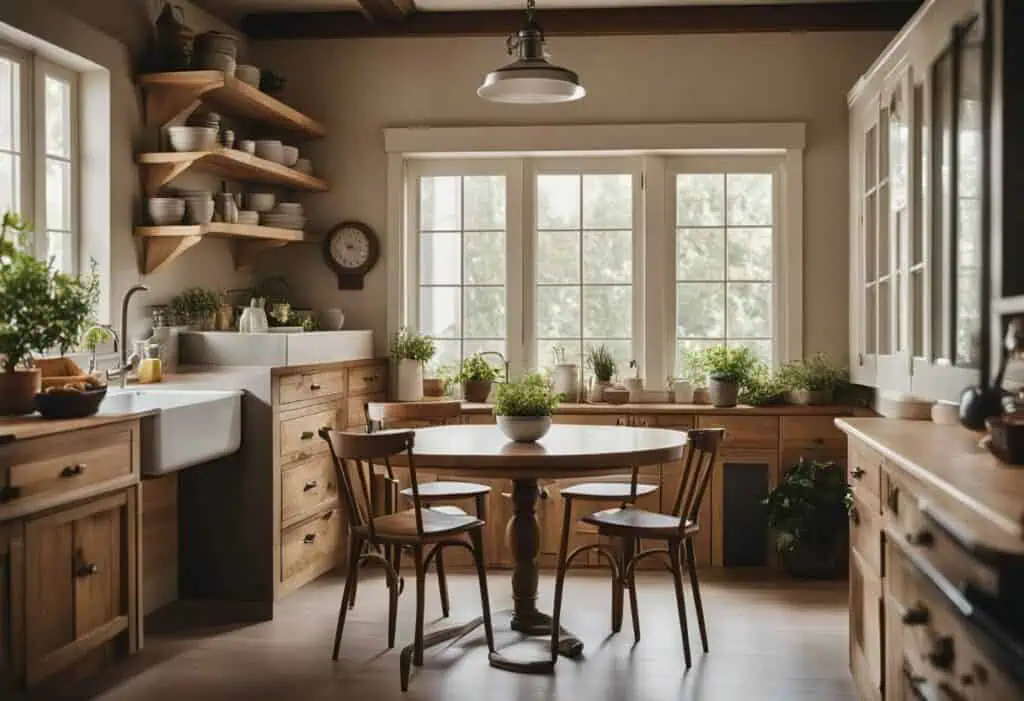 Bright small kitchen with wooden cabinets and open shelving, maximizing space and style in a traditi.
