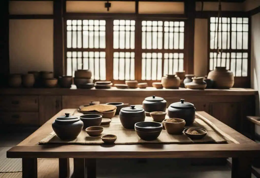 Ancient Korean pottery displayed on a wooden table in a traditional kitchen setting.