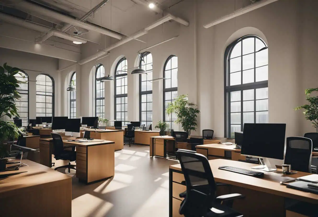Spacious office with large arched windows, blending traditional architecture with contemporary works.