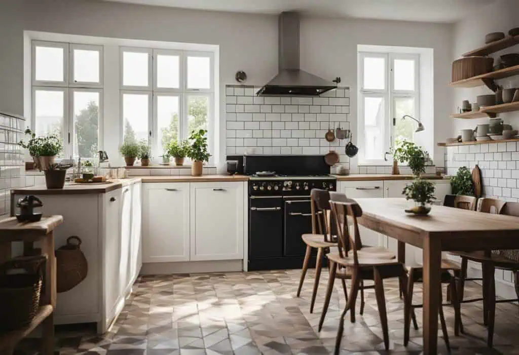 Bright Scandinavian kitchen with white cabinets and wooden accents.