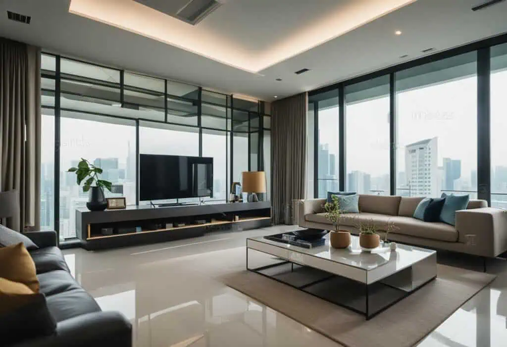 Elegant contemporary living room with trendy furniture and large windows in Singapore.