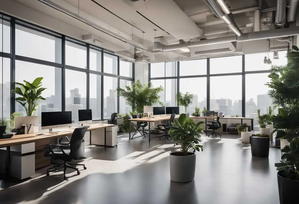Bright modern office with large windows and lush indoor plants.