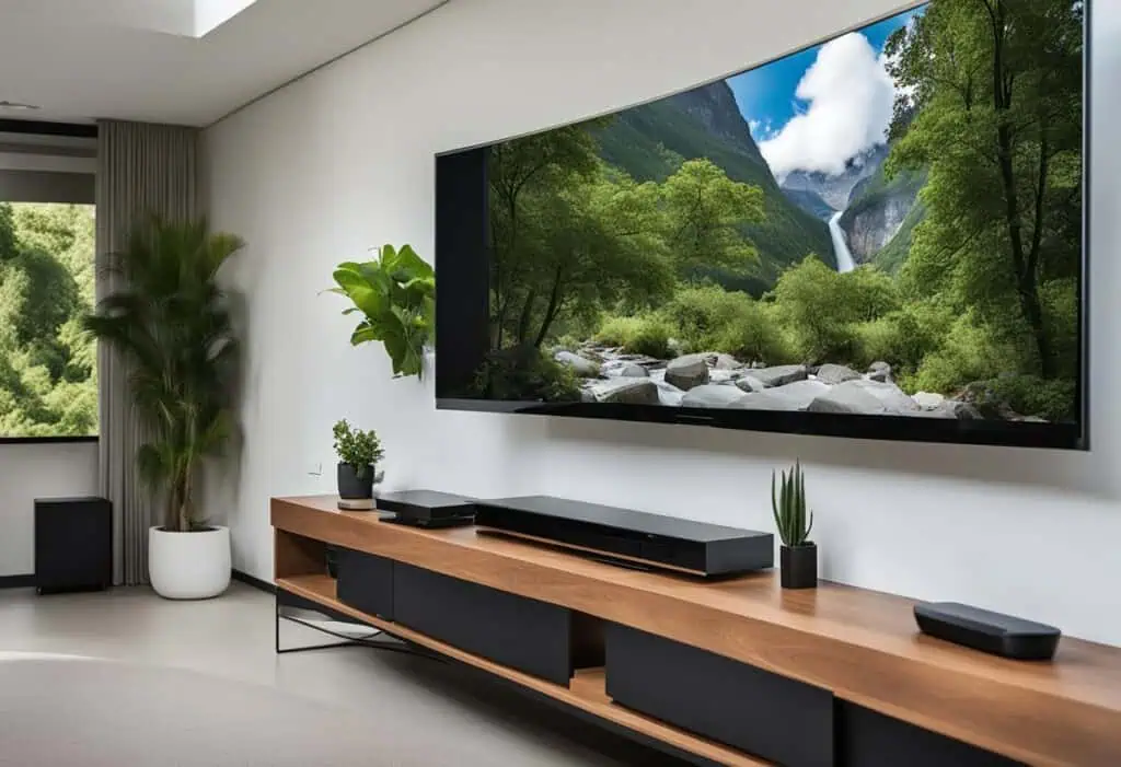 Stylish wooden TV console with black storage compartments in a contemporary living room.