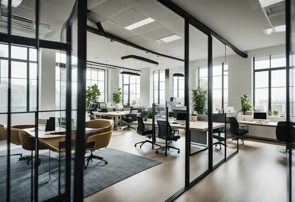 Contemporary office design featuring glass walls, ergonomic furniture, and natural light for a produ.