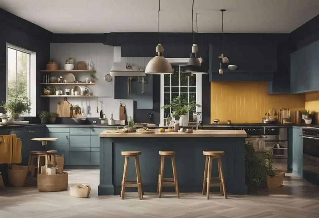 Stylish kitchen featuring blue cabinetry, a yellow backsplash, and a spacious island with bar stools.