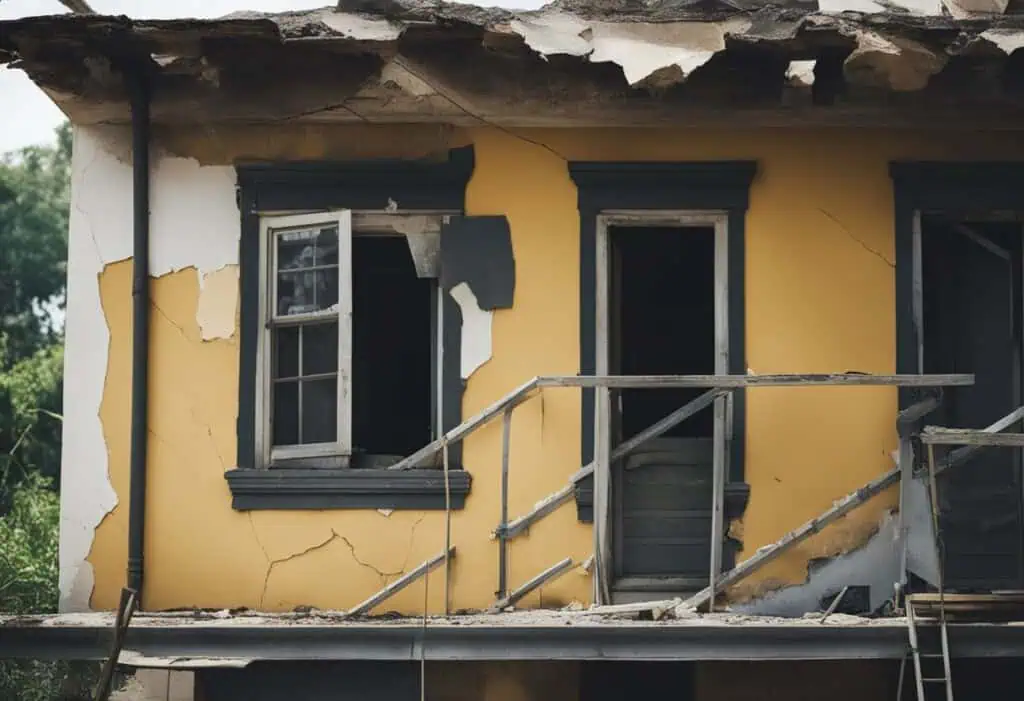 Worn-out house exterior showing damage from neglect and weather.
