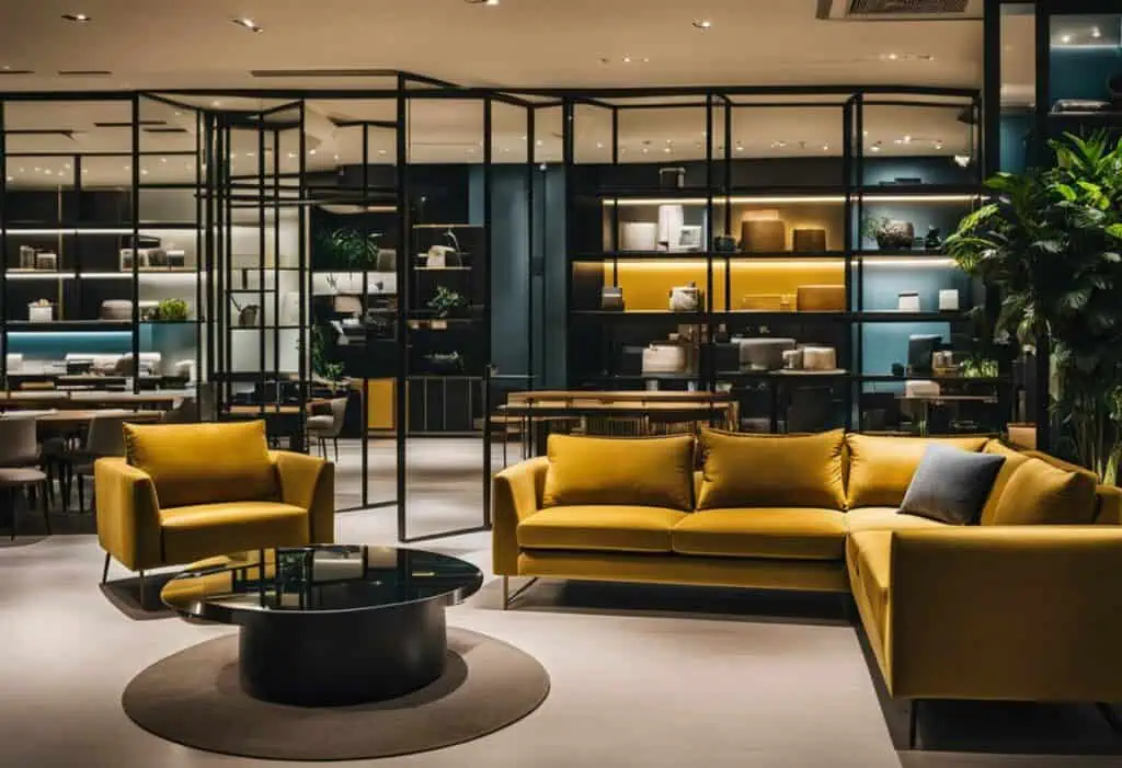 Stylish yellow sofas in a modern living room with sleek furniture and ambient lighting.