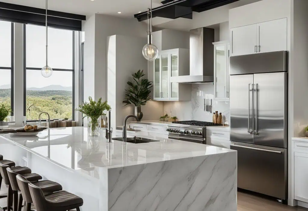 Elegant modern kitchen featuring sleek stainless steel refrigerator and minimalist white cabinetry.