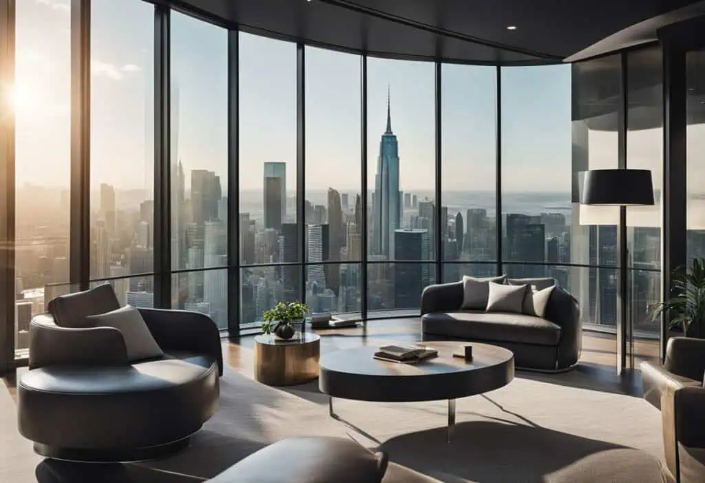 Luxurious modern office interior with panoramic city skyline views.