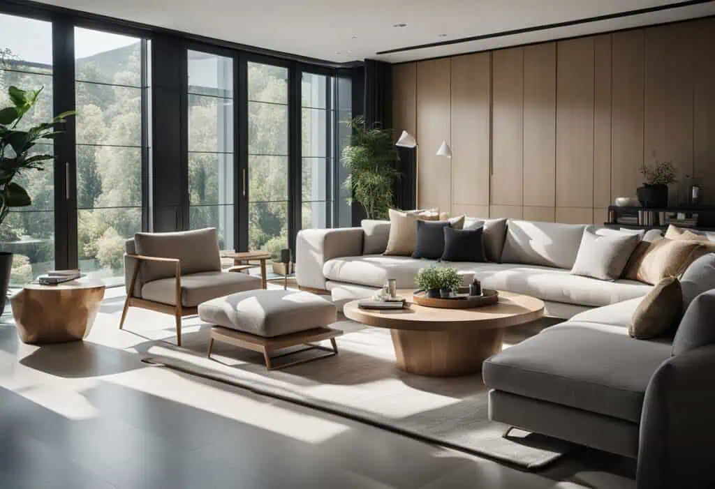 Elegant cane furniture set in a contemporary living room with large windows and natural light.