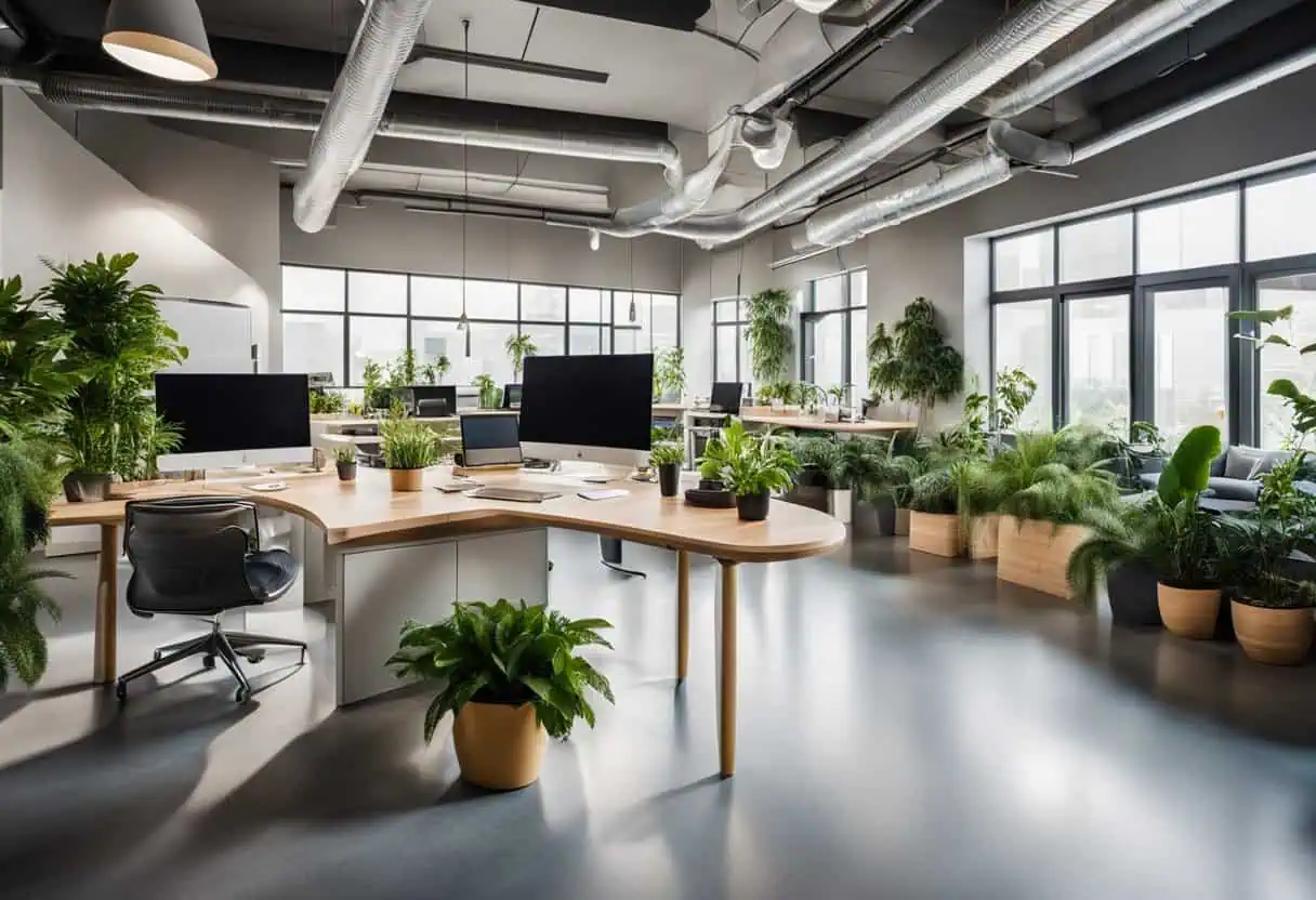 Bright office space featuring lush indoor plants and large windows for a fresh, inspiring work envir.