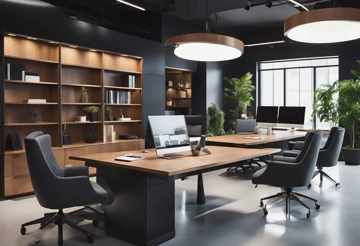 Elegant office table setup with contemporary furniture and natural lighting.