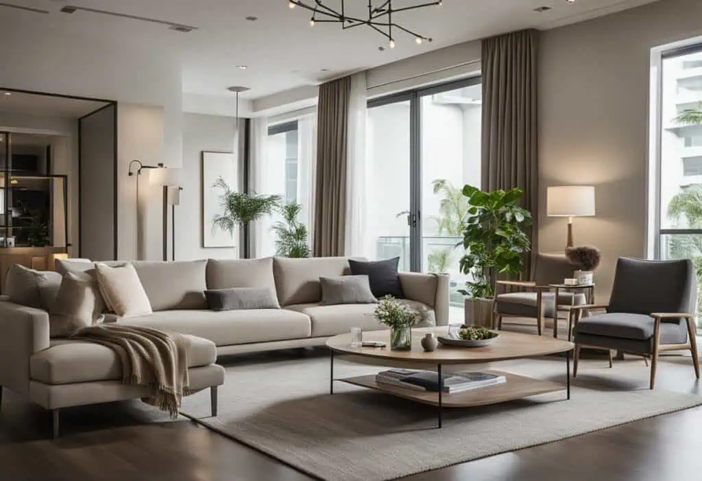 Bright and spacious living room featuring contemporary furniture and large windows for natural light.