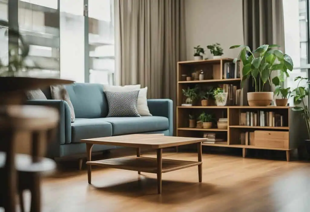 Upcycled furniture in a cozy living room with a blue sofa and wooden shelves.