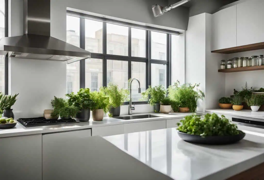 Urban kitchen design with lush plants maximizing small space functionality.