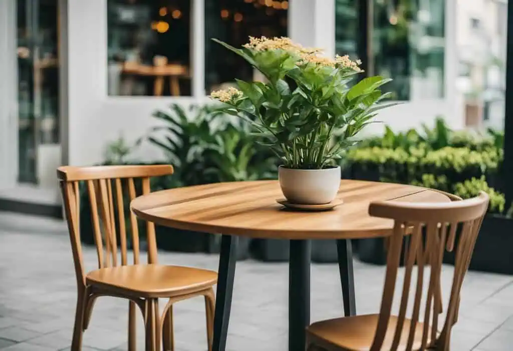Stylish wooden cafe table with matching chairs and a decorative plant centerpiece.