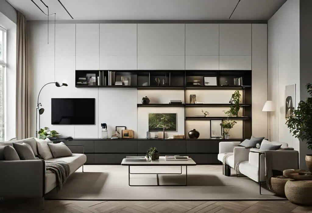 Modern living room featuring sleek furniture and built-in storage for a stylish home.