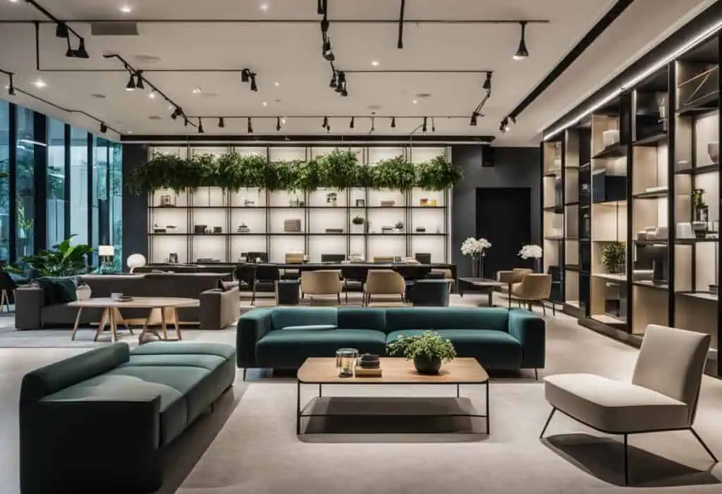 Elegant modern living room featuring contemporary sofas and shelving units, perfect for sophisticate.