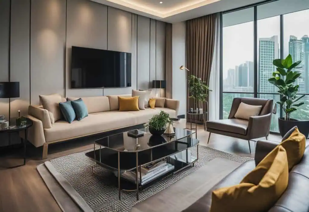Stylish living room featuring contemporary furniture, large windows, and a scenic cityscape backdrop.