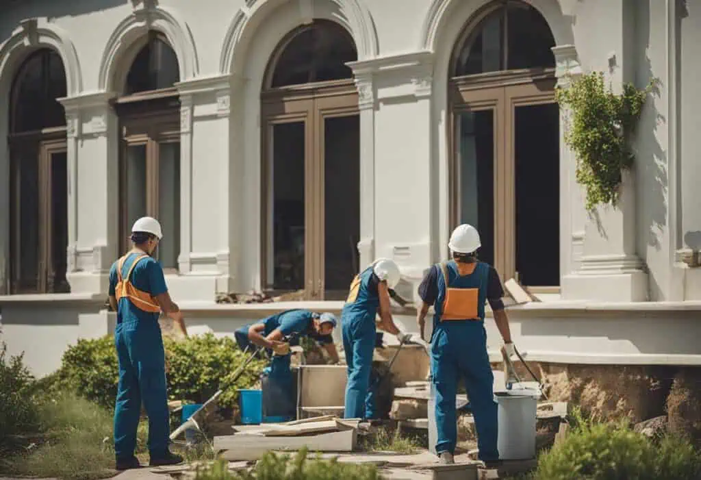 Professional workers renovating a luxurious villa facade with scaffolding and tools.