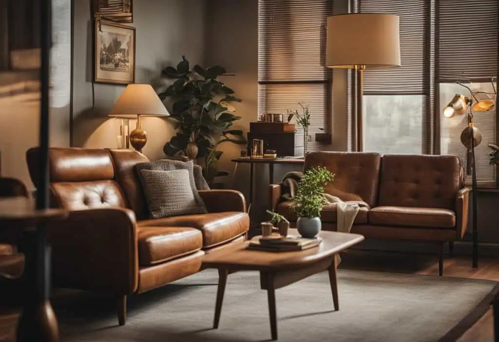 Vintage leather sofa set with warm lighting in a stylish living room setting.