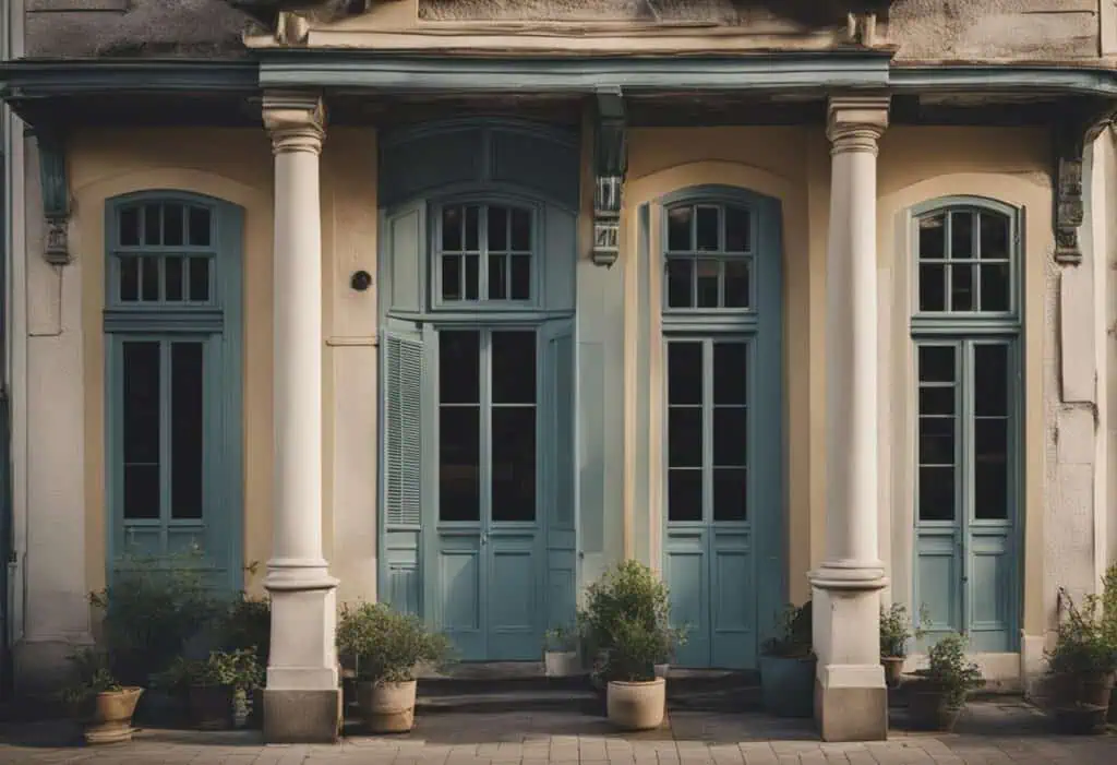 Elegant vintage house facade with blue doors and classic columns, showcasing historic renovation det.