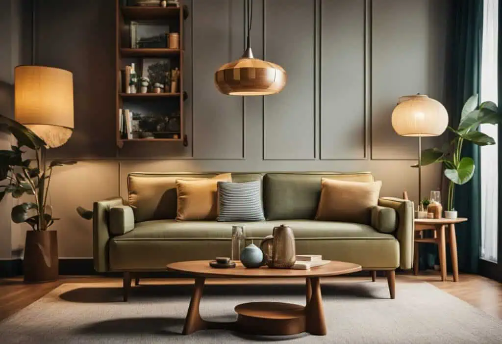 Stylish vintage-inspired sofa with modern design in a cozy living room setting.
