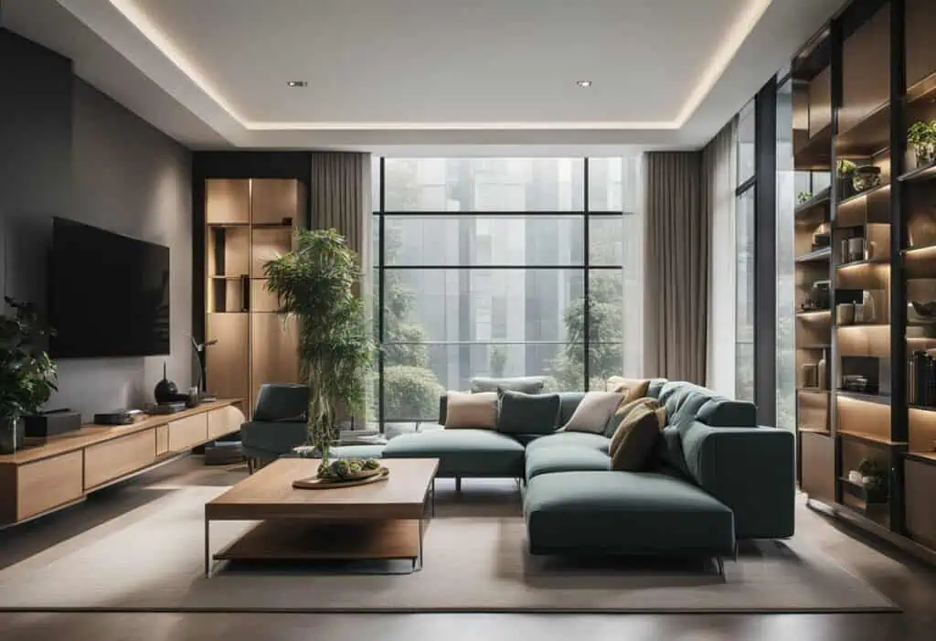 Stylish wall racks in a contemporary living room, offering space-saving storage solutions.