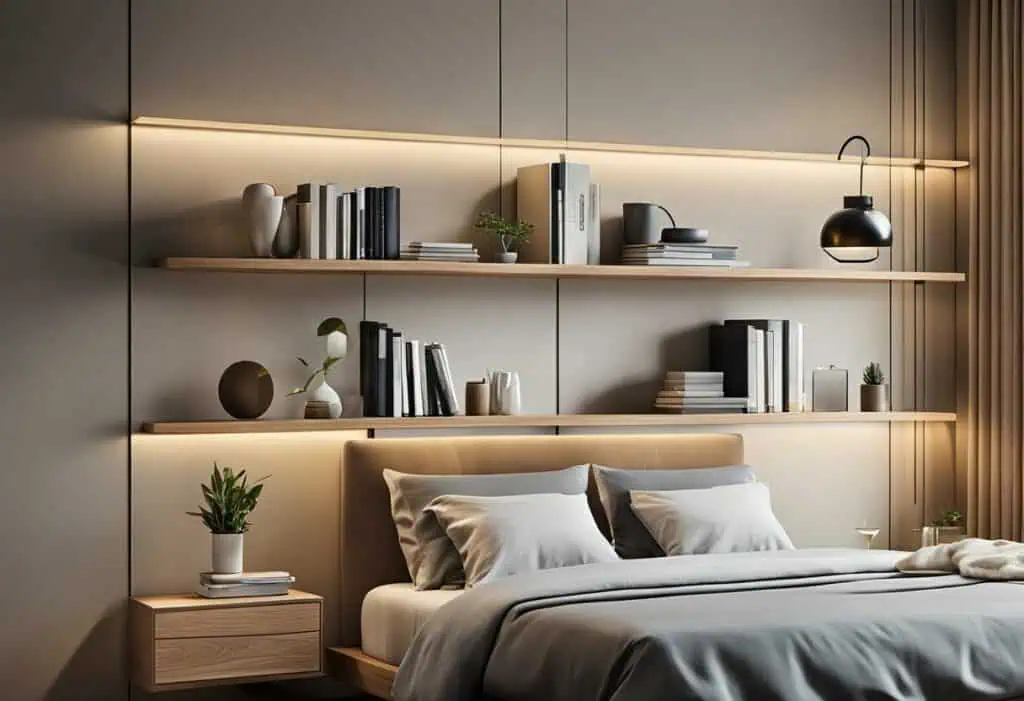wall shelves design for bedroom