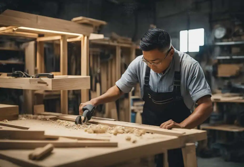 Skilled carpenter crafting custom wardrobes in Singapore workshop.