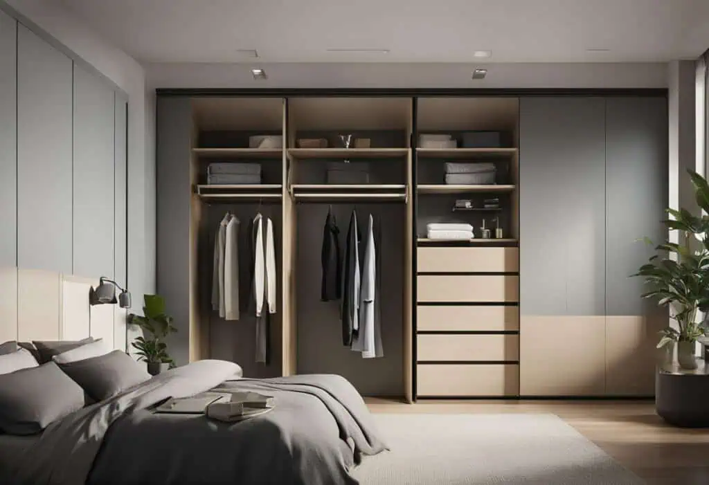 Stylish wardrobe furniture in Singapore featuring organized hanging space, drawers, and shelves for.