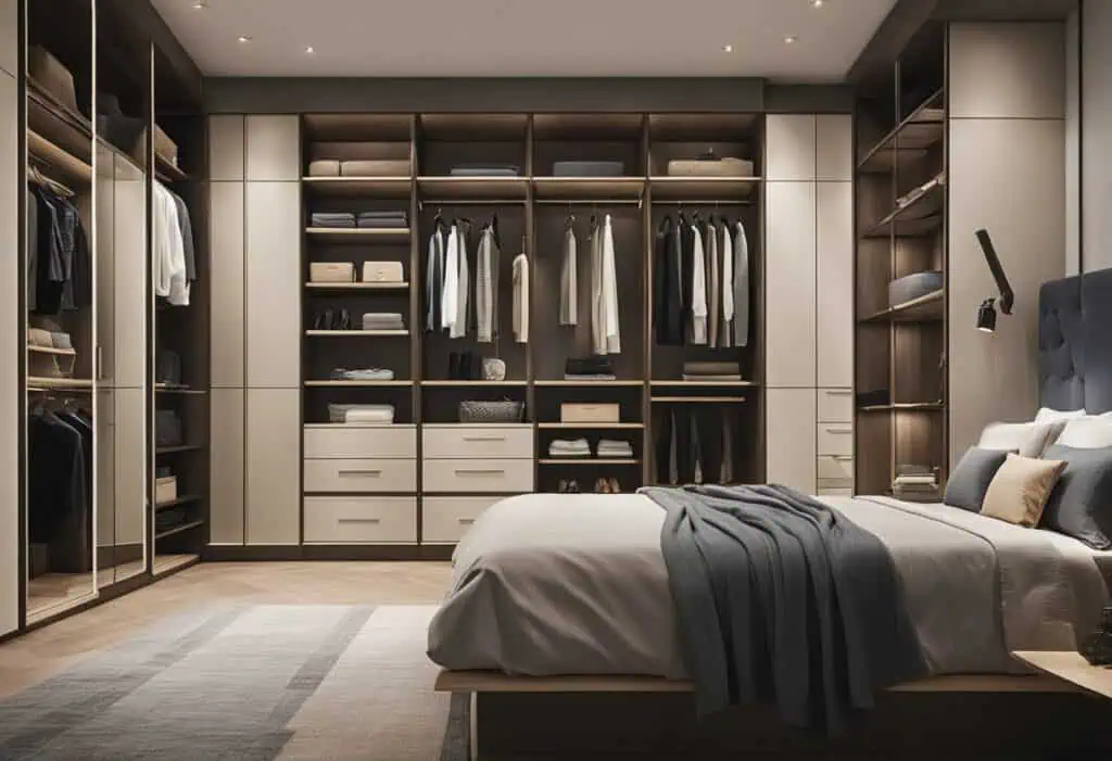 Elegant bedroom wardrobe with organized storage solutions.