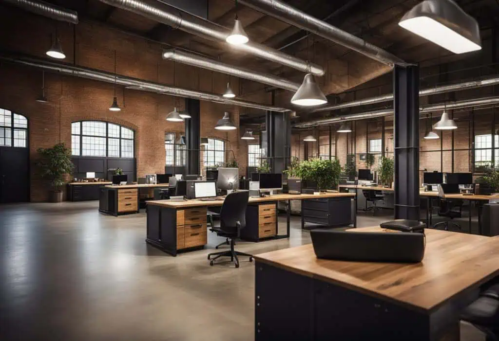 Office interior with industrial design elements and open layout.