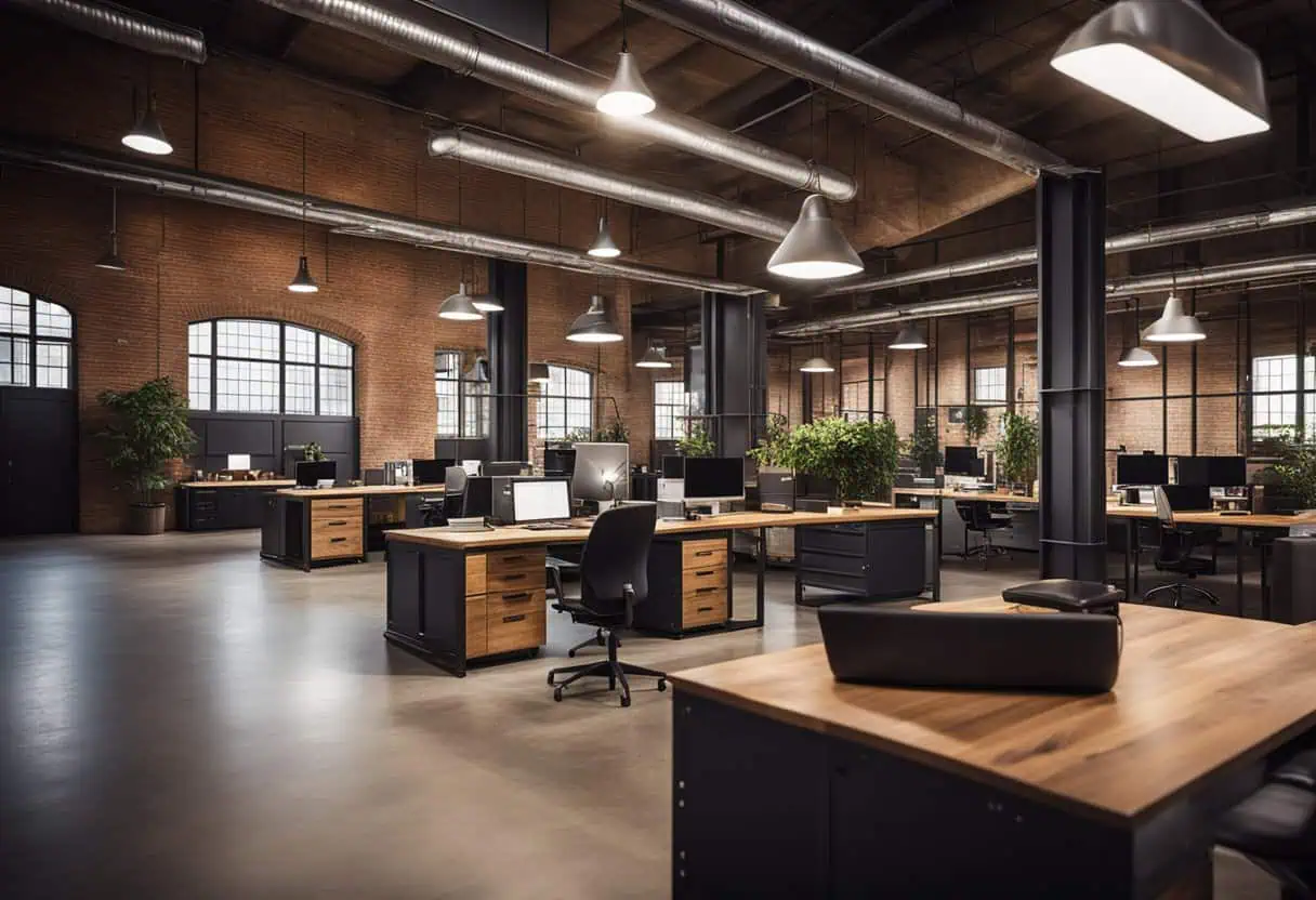 Office interior with industrial design elements and open layout.