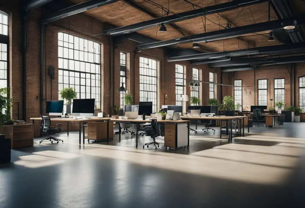 Spacious warehouse office design featuring large windows, ergonomic desks, and greenery for producti.