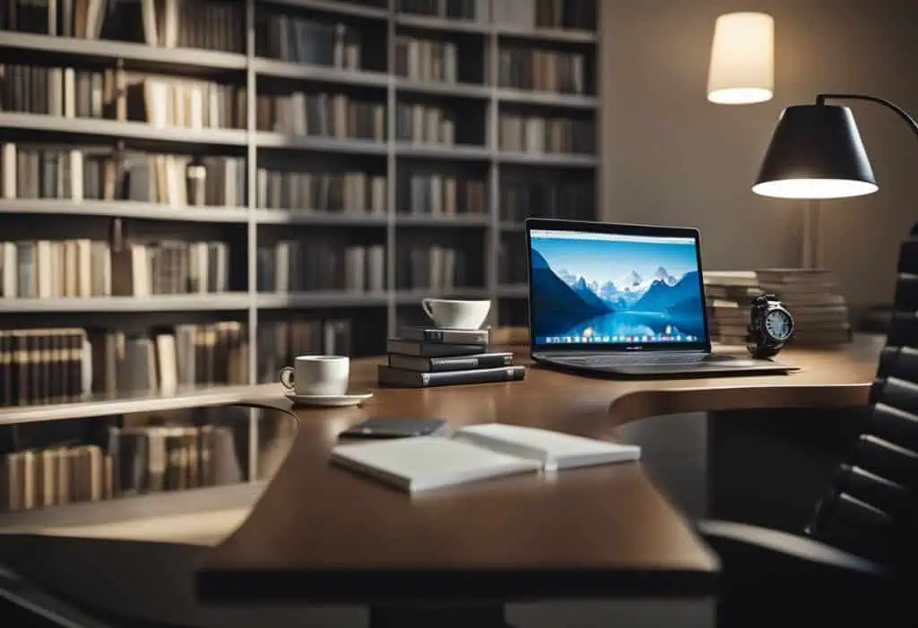 Stylish office workspace with laptop, books, and desk accessories for professional attire.