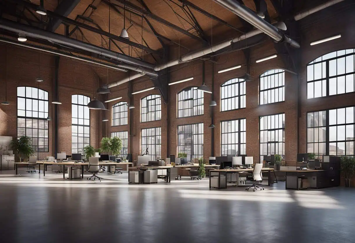 Spacious warehouse office with large windows, high ceilings, and open workspace design for enhanced.