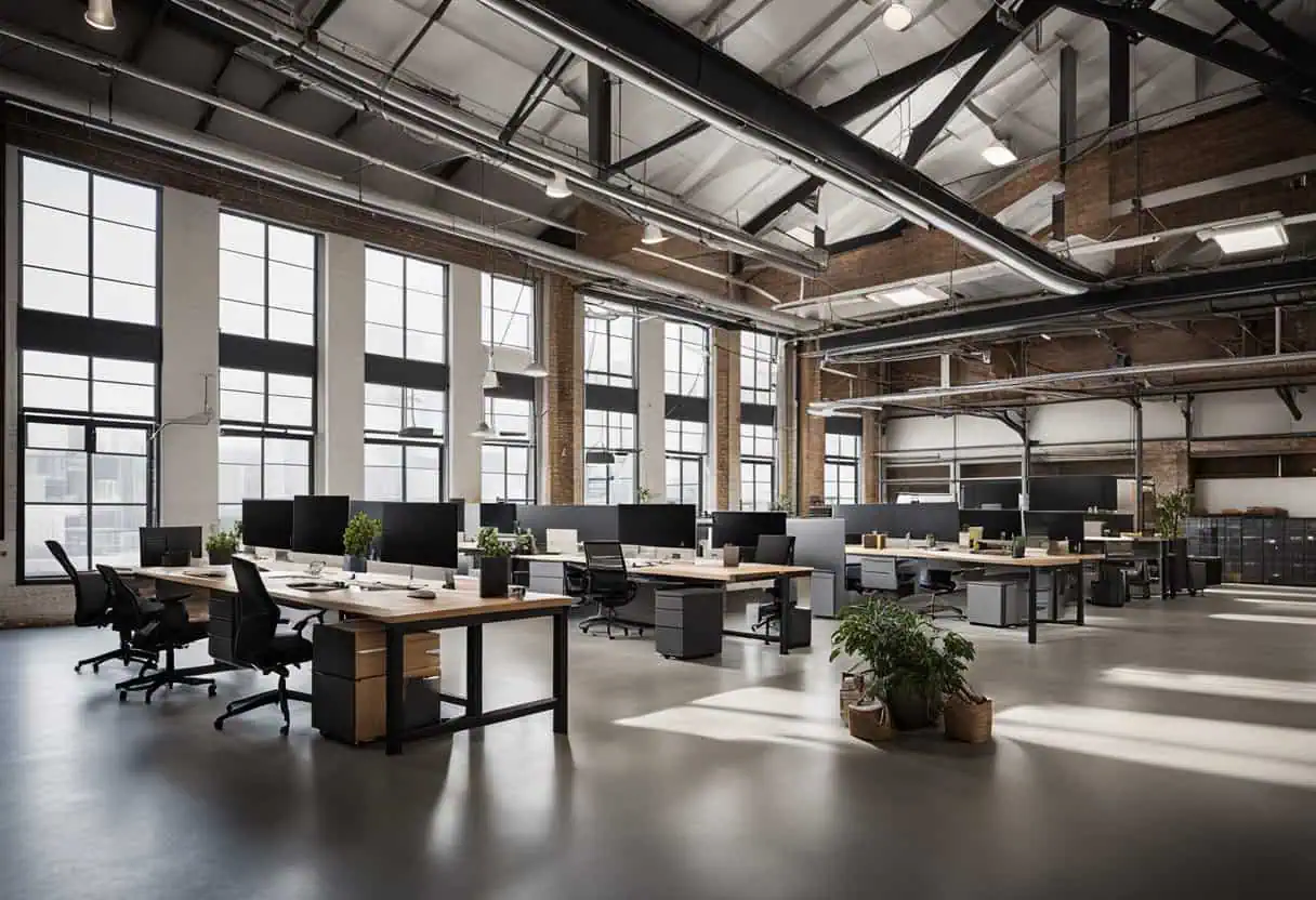 Spacious warehouse office with open layout and large windows for natural light.