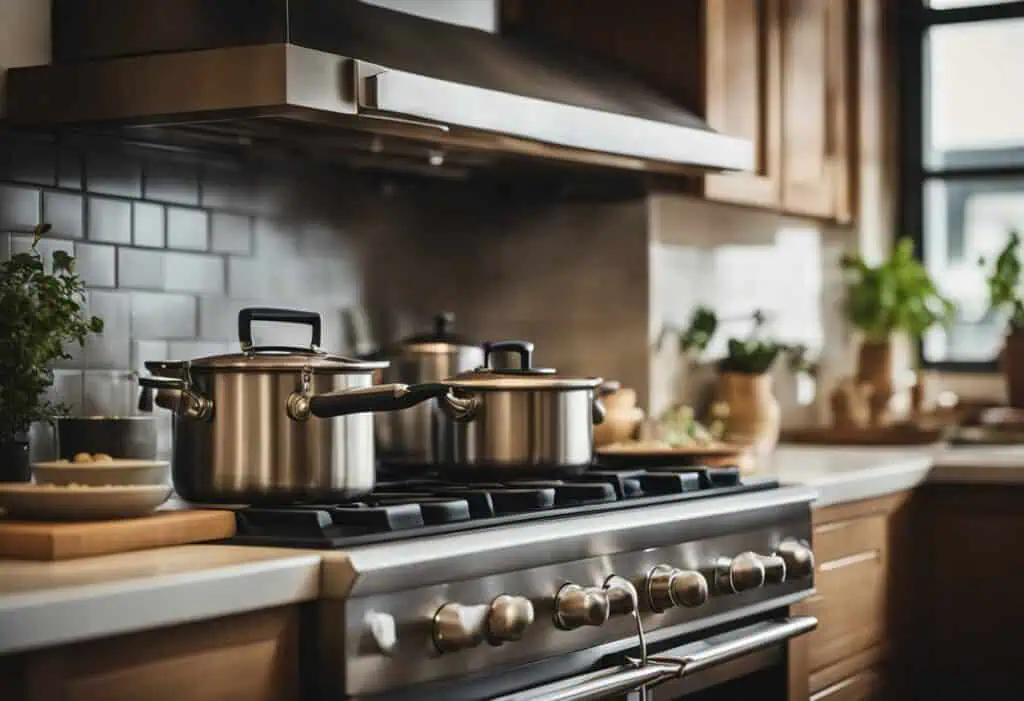 Cozy kitchen with stainless steel pots on a stove, wooden cabinets, and natural light.